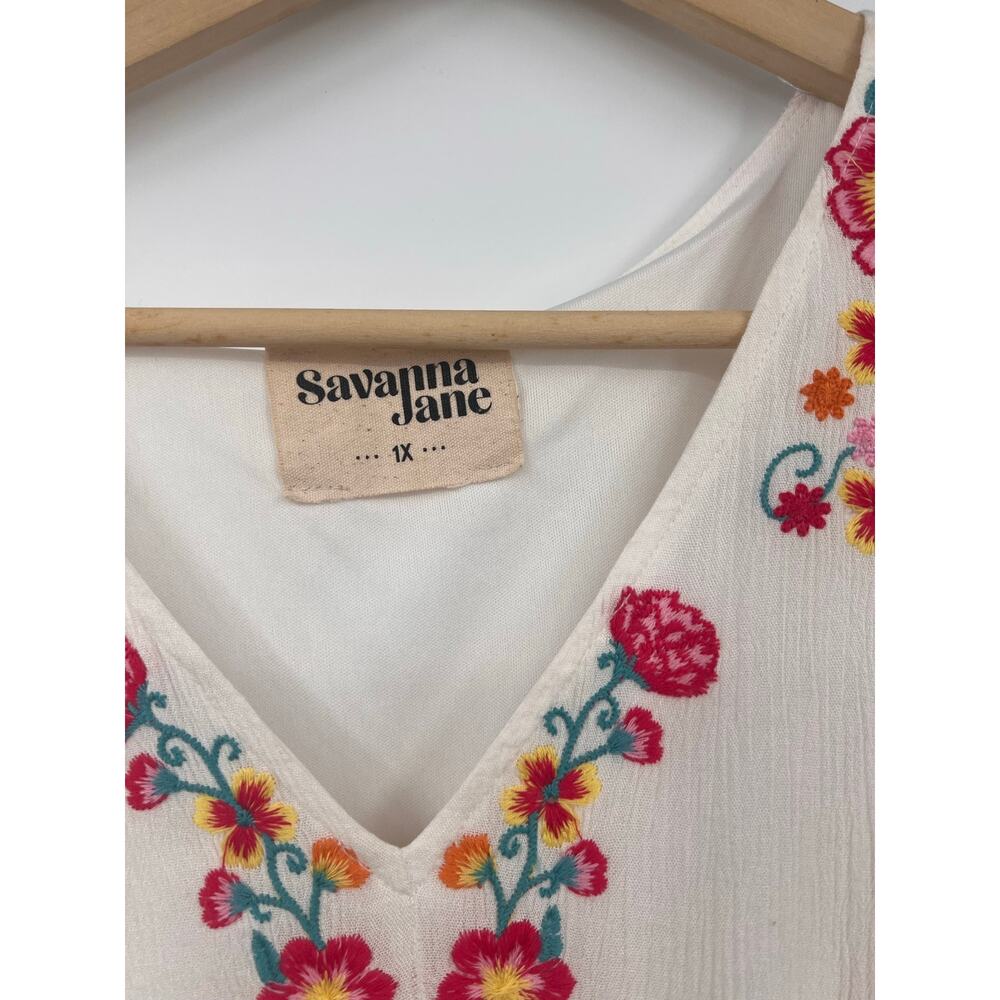 Savanah Jane 1X Mini Dress White & Embroidered Flowers Summer Vacation Party - Picture 4 of 5